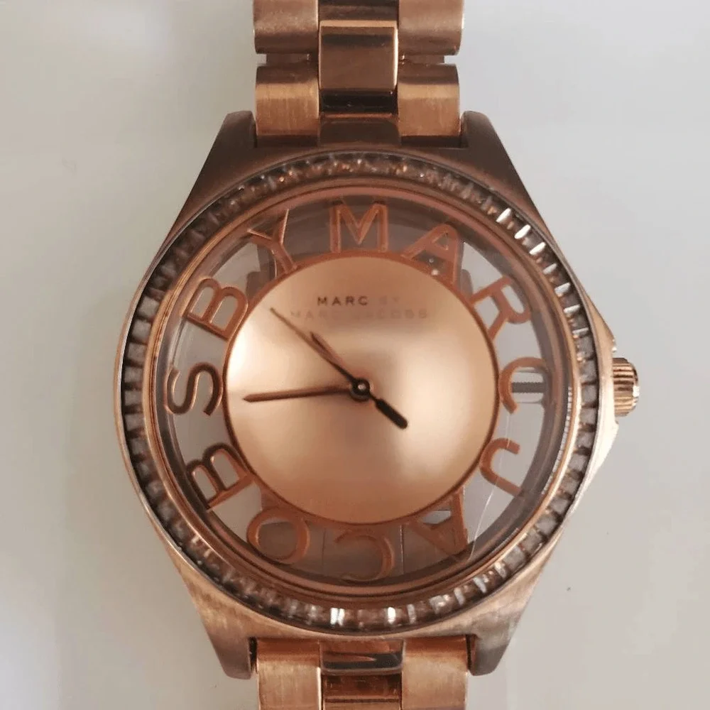 Marc by Marc Jacobs Rose Gold Tone Skeleton Logo Dial Bracelet Watch MBM3127